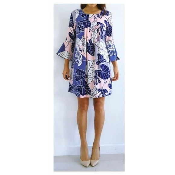 Women's Eva Mendes New York & Company Blue Pink Leaf Print Mini Dress XS - Picture 3 of 15